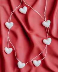 Wall Mural - A string of white heart-shaped decorations on a red fabric background.