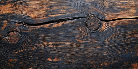 Detailed shot of a dark, rustic wooden surface with deep brown tones, showcasing naturally weathered texture and grain, with visible knots and cracks creating an aged, vintage look