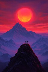 Wall Mural - A stunning sunset over mountains with a silhouetted figure on a peak.