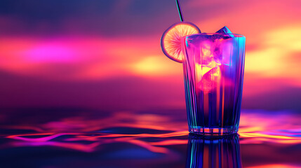 Poster - Glass of cocktail in hypnotic neon light Colorful rave party drink 