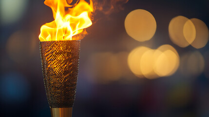 Poster - Flame burns in Olympic torch against blurred sports arena