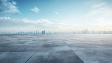 Poster - Concrete floor or slab empty space or area in showroom shop or store Background design with blue sky and urban city for product display and concept of car sale auto automobile automotive 
