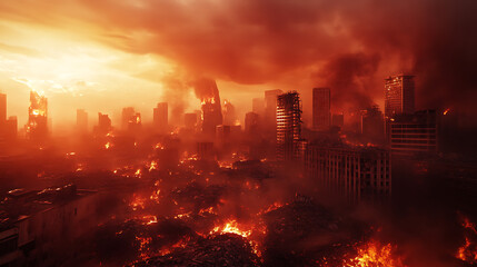 Aufkleber - An image representing a destroyed city in a fire storm 