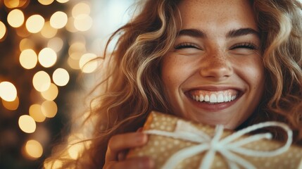 A cheerful woman with a beaming smile holds a beautifully wrapped gift against a background of warm, glowing lights, capturing the essence of joy and celebration.