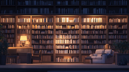 Poster - collage template banner poster of big large bookcase with many book in house interior