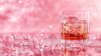 A vibrant glass of amber liquid filled with ice cubes, nestled among glistening reflections and warm pink lighting, offering a sense of elegance and warmth.