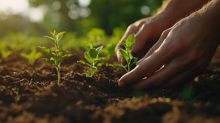 Leinwandbilder - Farmer's Hands Planting Seedling in Regenerative Agriculture Field Close Up Shot Sustainable Farming and Eco Friendly Agriculture Concept 