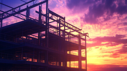 Poster - Construction site of large residential commercial building some floors already built Metal structure with evening sky sunset background 