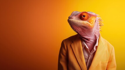 a whimsical image depicting a lizard-headed human in a yellow jacket, looking regal against a bright