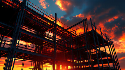 Construction site of large residential commercial building some floors already built Metal structure with evening sky sunset background 