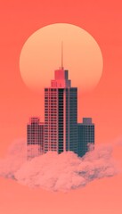 Canvas Print - A stylized skyscraper rises amidst clouds under a large sun.