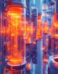 Poster - A futuristic scene featuring glowing cylindrical structures in a high-tech environment.