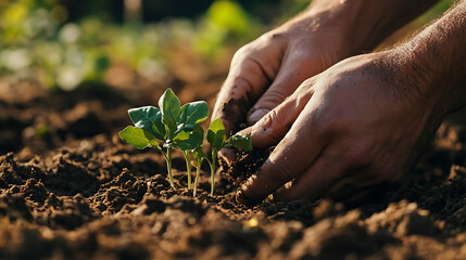 Wall Mural - Farmer's Hands Planting Seedling in Regenerative Agriculture Field Close Up Shot Sustainable Farming and Eco Friendly Agriculture Concept 