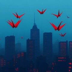 Canvas Print - A surreal cityscape with red origami cranes flying over skyscrapers.