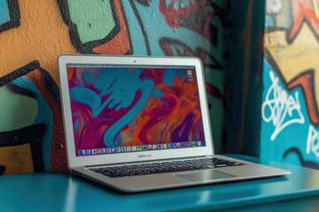 A sleek laptop placed on a blue surface near a colorful graffiti backdrop showcases a blend of art and technology. Generative AI