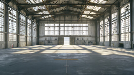 Poster - 3d rendering of an empty warehouse with a lot of windows 3d rendering of large hangar building and concrete floor and open shutter door in perspective view for background 
