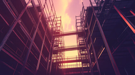 Poster - Construction site of large residential commercial building some floors already built Metal structure with evening sky sunset background 