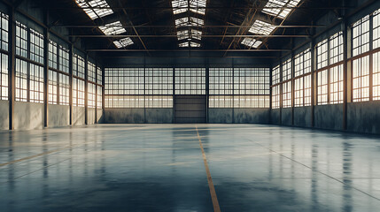 Poster - 3d rendering of an empty warehouse with a lot of windows 3d rendering of large hangar building and concrete floor and open shutter door in perspective view for background 
