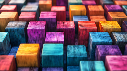 Leinwandbilder - Colorful wooden blocks aligned Wide format Hand edited 