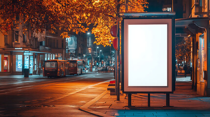Poster - Blank white vertical digital billboard poster on city street bus stop sign at night Street advertising bus stop mockup