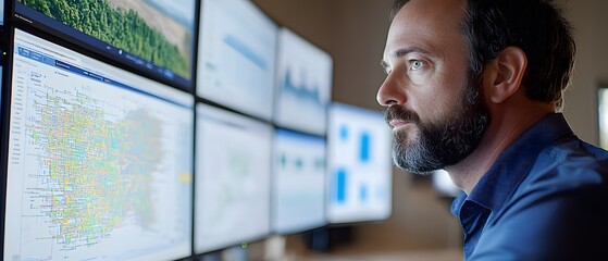 A focused individual analyzing data on multiple screens in a modern workspace.