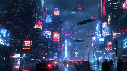 Poster - Cyberpunk cityscape hyper futuristic commercial district neon lights flying cars skyscrapers with digital billboards rainy reflective surfaces night time