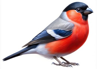 This vibrant bullfinch, adorned with a brilliant red belly and elegant black cap, stands out strikingly against a crisp white background, enchanting nature lovers.