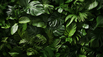 Poster - Dark green plants growing in a lush foliage background of tropical leaves like anthurium epiphytes or ferns forming a beautiful green plant wall design in a cloud forest 