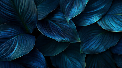 Poster - Close up detail macro texture bright blue green leave tropical forest plant spathiphyllum cannifolium in dark nature background Curve leaf floral botanical abstract desktop wallpaper