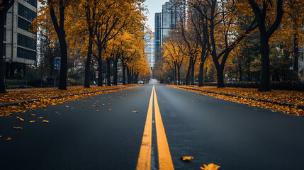 Aufkleber - Empty road in city in autumn time 