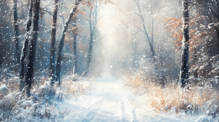 Poster - Digital oil painting of winter solstice in isolated snowy forest after snow fall Beautifully natural winter scene blizzard trees snow