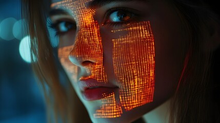 High-tech facial recognition grid projected onto a young woman's face, glowing softly in the darkness, sharp digital lines, modern cyber aesthetic