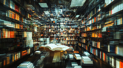 Aufkleber - collage of book collection in innovative library with effects in bookshop advertising concept