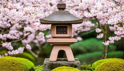 Wall Mural - A traditional lantern surrounded by cherry blossoms and greenery.