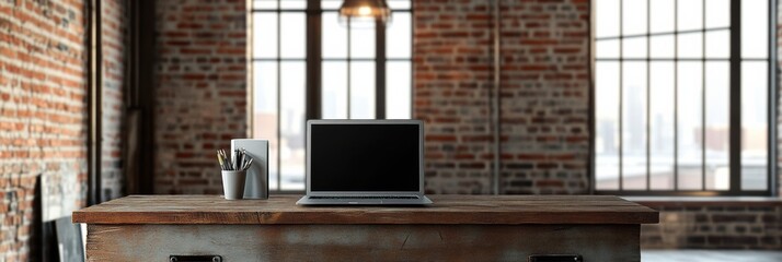 Poster - In a stylish brick-walled room, a laptop rests on a rustic wooden desk illuminated by natural light streaming through large windows. Generative AI