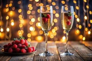 Two stylish champagne flutes filled with vibrant berries are placed on a wooden surface, encircled by warm bokeh lights, enhancing the atmosphere of celebration.