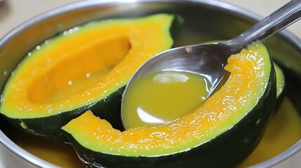 Wall Mural - Close-up of cooked pumpkin halves in a pot with a ladle.