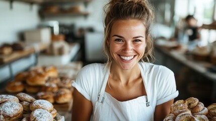 A cheerful baker in a cozy bakery stands blissfully surrounded by an array of fresh, mouth-watering pastries and bread, radiating warmth and passion for her craft.