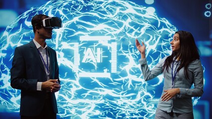 Poster - Tech experts presenting VR headset and AI tech during summit presentation, exploring successful implementation of artificial intelligence and virtual reality in driving forward businesses, camera B