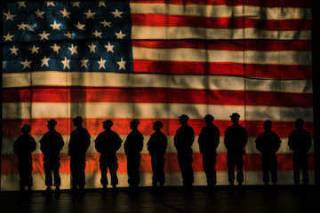 A dramatic image of United States military heroes silhouetted before the nation's flag, celebrating Veterans Day, Memorial Day. Generative AI