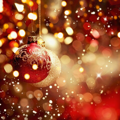 Wall Mural - Decorative Christmas ornaments hang against a festive background of red and gold sparkling lights