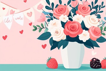 Sticker - A vibrant bouquet of roses in a vase with decorative hearts and strawberries.