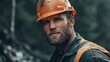 © Dulemegapixel - A confident worker in an orange helmet stands amidst a forest, exuding a sense of determination and strength, highlighting the interplay between man and nature.