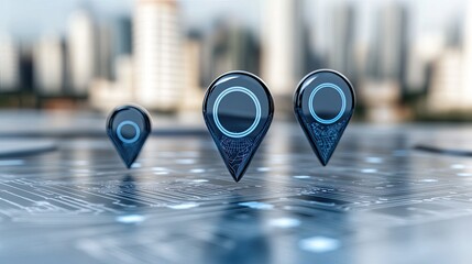 Poster - Map pins are positioned across a city skyline with a white area for text, showcasing technology in urban navigation