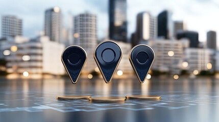 Poster - Map pins are positioned across a city skyline with a white area for text, showcasing technology in urban navigation