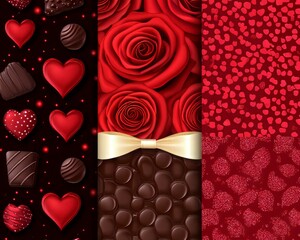 Poster - A vibrant collage of red patterns featuring hearts, roses, and chocolates.