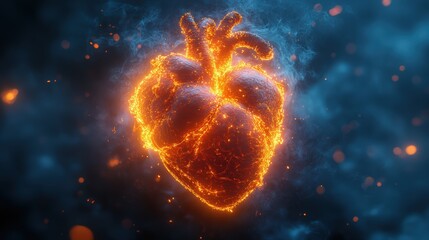 Heart with a glowing outline, surrounded by ethereal smoke in a dark setting