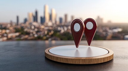 Poster - Map pins are positioned across a city skyline with a white area for text, showcasing technology in urban navigation