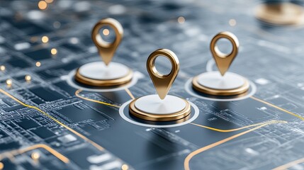 Poster - Map pins are positioned across a city skyline with a white area for text, showcasing technology in urban navigation