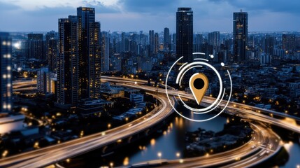 Poster - Map pins are positioned across a city skyline with a white area for text, showcasing technology in urban navigation
